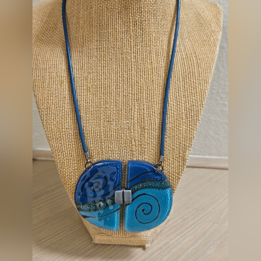 Vintage Murano Glass Lampwork Artsy Waves Fusion Handmade Leather Cord Necklace View 4